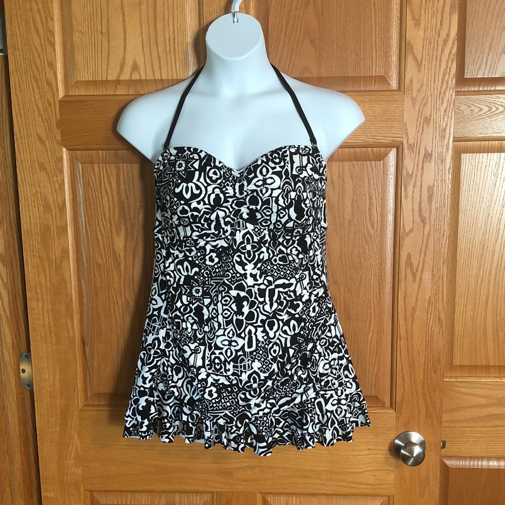 Black and White Patterned Halter Swimdress